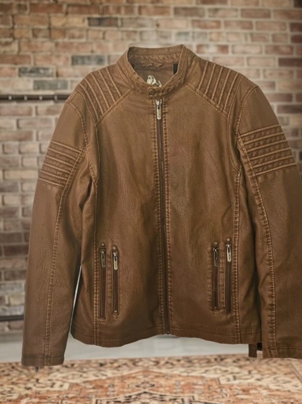 Men’s Brown Faux Leather Moto Biker Jacket Size L – Soft Fleece Lined